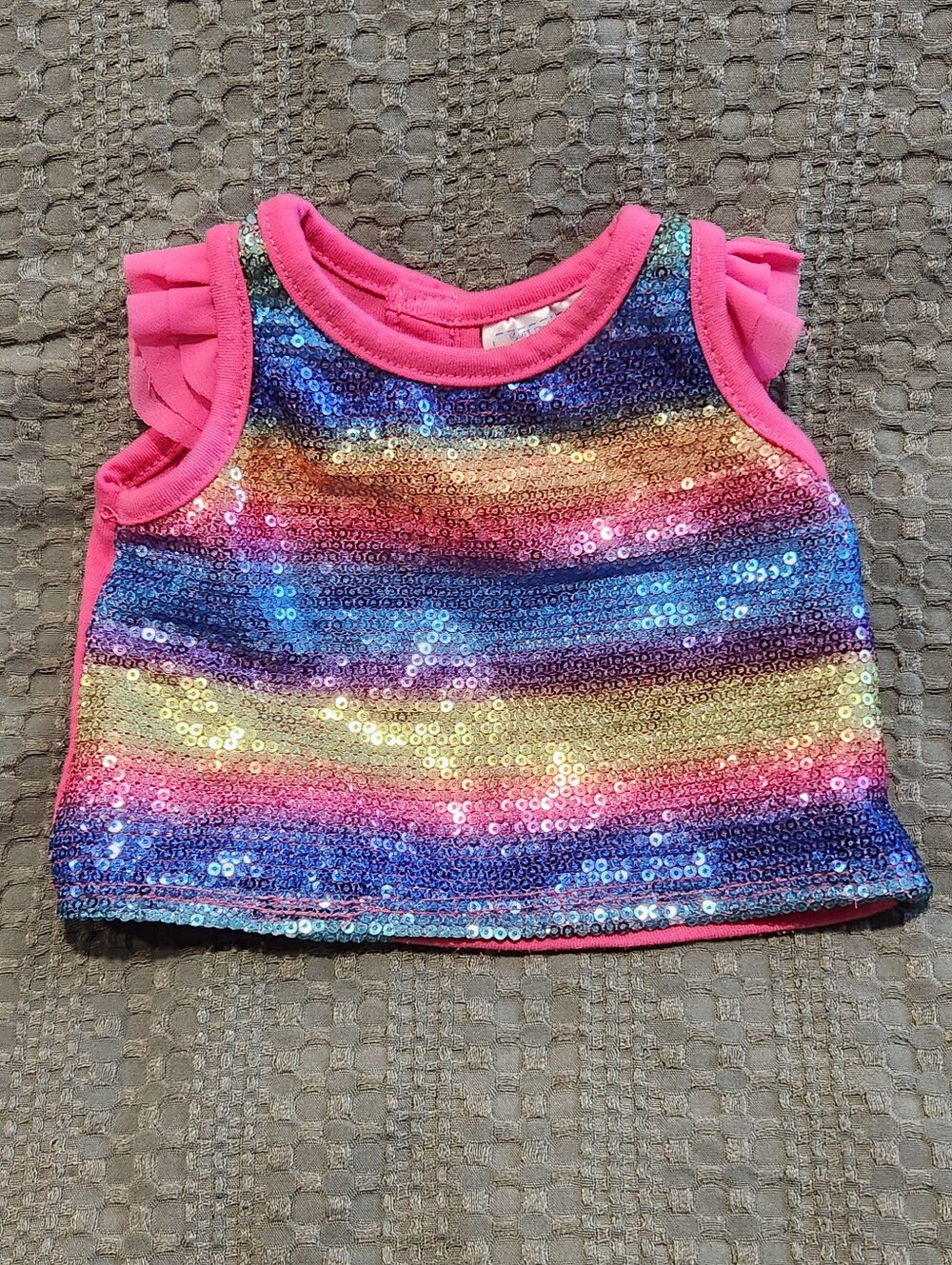 BABW Build A Bear Workshop Pink Rainbow Shimmer Top Shirt Tulle Ruffle Sleeve